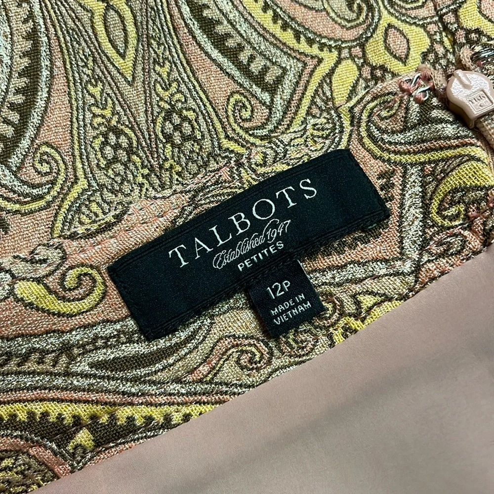 Talbots Pink Yellow & Metallic Gold Jacquard Print Silk Blend Pencil Skirt